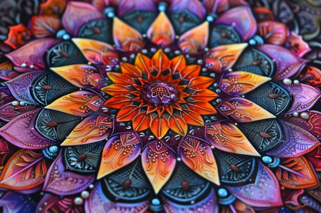 Colorful mandala design with intricate patterns painted on a black background Intricate mandalas inspired by the balance of natural remedies