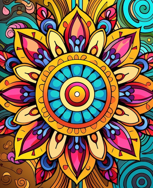 A colorful mandala with a flower in the center.