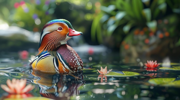 Colorful Mandarin Duck Swimming in Pond with Water Lily Flowers