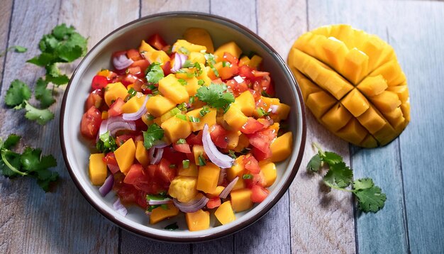 Photo a colorful mango salsa being prepared with diced mangoes tomatoes onions