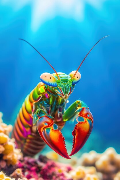 Photo colorful mantis shrimp exploring a vibrant coral reef underwater at sunset