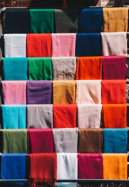 Colorful manufacturing fabric textiles in bazaar