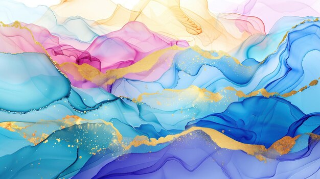 Colorful marble ink texture background with gold accents and flowing layers