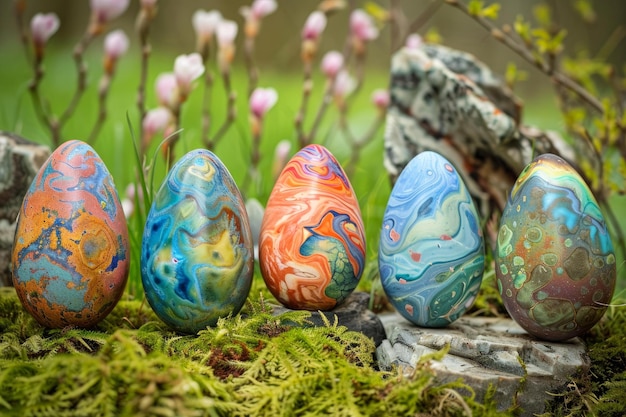 Colorful marbled easter eggs in garden setting