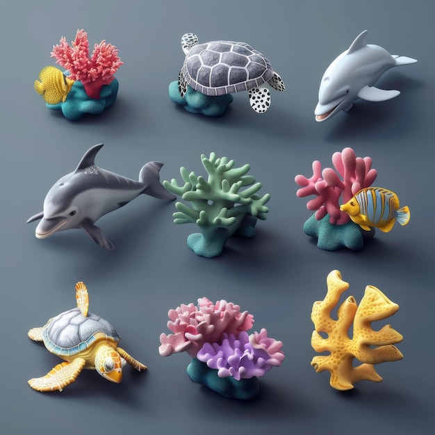 Colorful marine life icons of dolphins turtles and corals in an artistic design