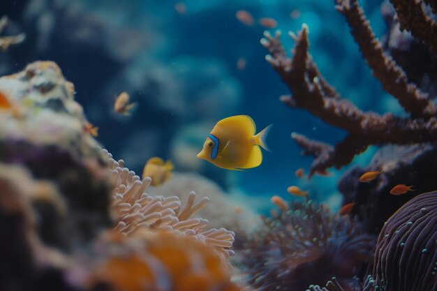 Colorful Marine Life with Yellow Fish and Coral Reef Underwater