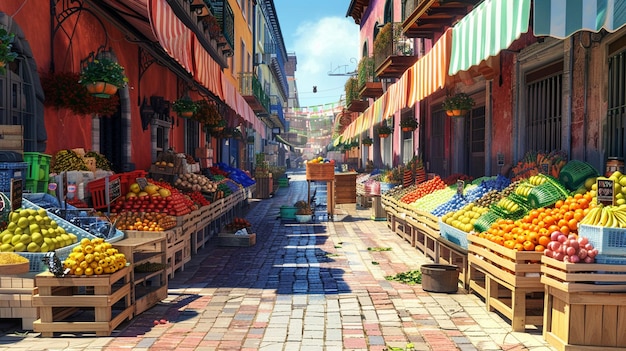 Colorful Market Scene with Fresh Produce and Lively Atmosphere