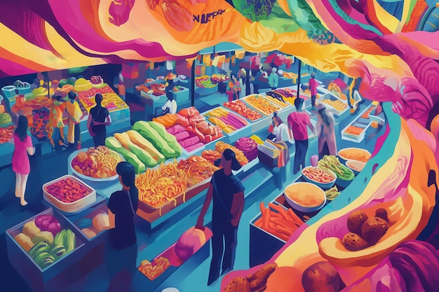 Photo colorful market stall with people and fresh produce