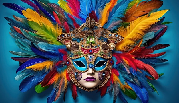 a colorful mask surrounded by feathers on blue background