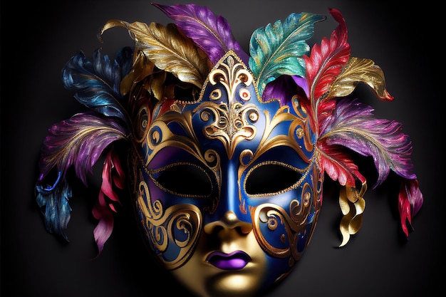 A colorful mask with gold, purple, and gold feathers on it