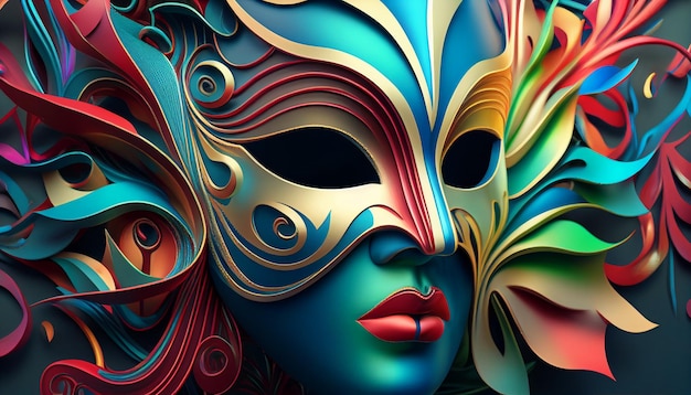 A colorful mask with a woman's face in the center.