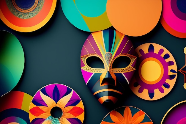 Colorful masks are on a dark background with the word " sun " on the bottom.