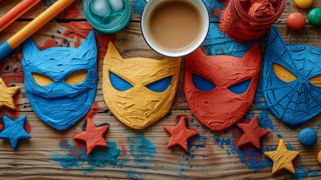 Photo colorful masks craft supplies on table