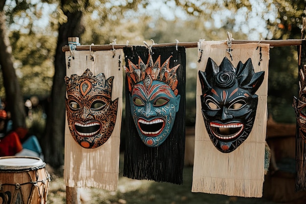 Photo colorful masks displayed outdoors for cultural significance