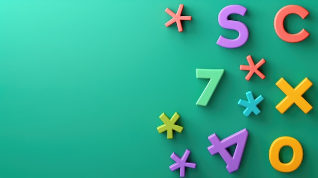 Photo colorful math symbols and numbers on bright green background