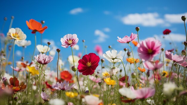 A colorful meadow of wildflowers under the blue sky