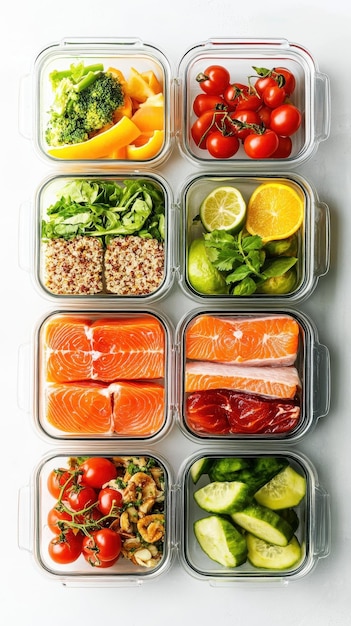 Colorful meal prep containers showcase fresh ingredients for healthy eating options