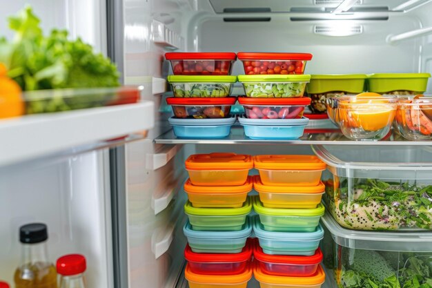 Photo colorful meal prep containers stacked in refrigerator