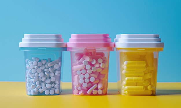 Colorful Medicine Containers with Pills and Capsules Against BlueYellow Background