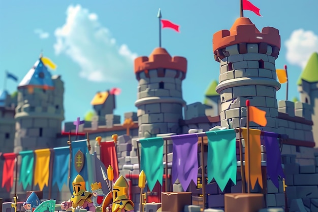 Colorful medieval castle with animated knights and playful activities