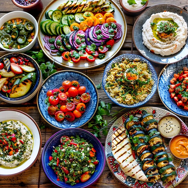 Photo colorful mediterranean spread with grilled vegetables and assorted fresh dishes for a vibrant feast