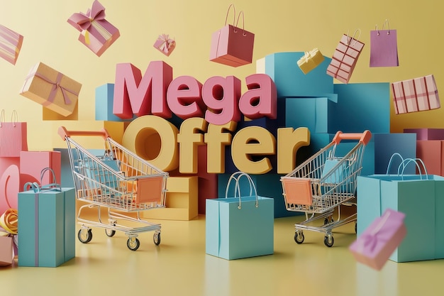 Colorful mega offer sale promotion with shopping carts and gifts