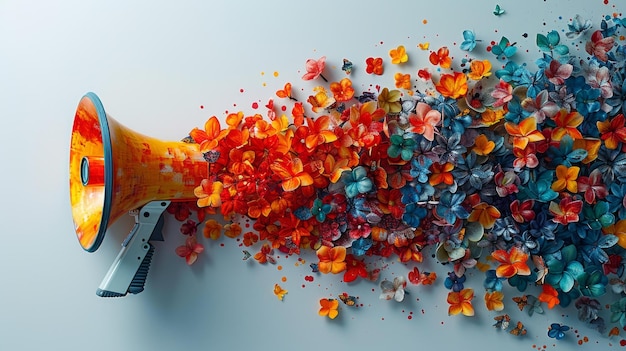 Photo colorful megaphone with flowers explosion generative ai