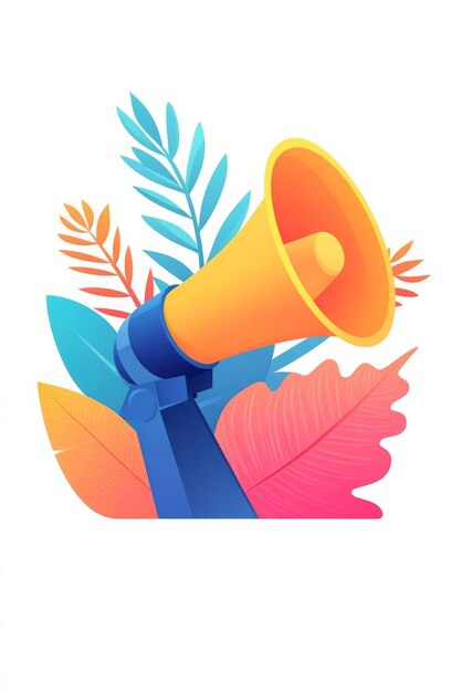 Photo colorful megaphone with tropical leaves background representing announcement and communication conce