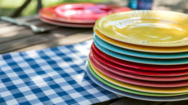 Colorful melamine plates stacked picnic setting top left reserved for text