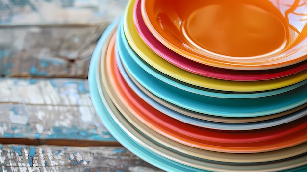 Colorful melamine plates stacked picnic setting top left reserved for text