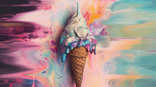 Colorful Melting Ice Cream Cone Falling Apart