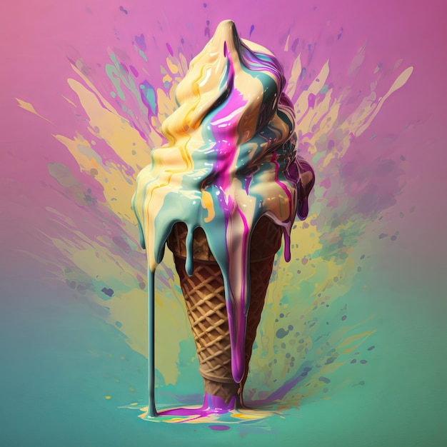 Colorful Melting Ice Cream Cone Falling Apart