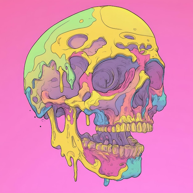 Photo colorful melting skull illustration on pink background