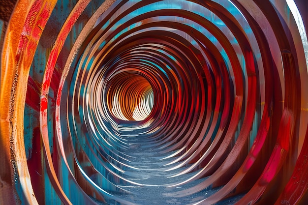 Photo colorful metal tunnel creating concentric circles leading to light