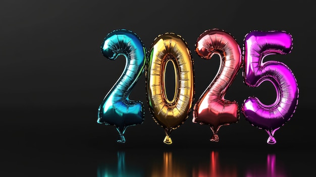 Colorful metallic foil balloons shaped in the form of the numbers 2025