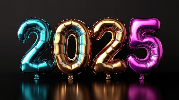 Colorful metallic foil balloons shaped in the form of the numbers 2025