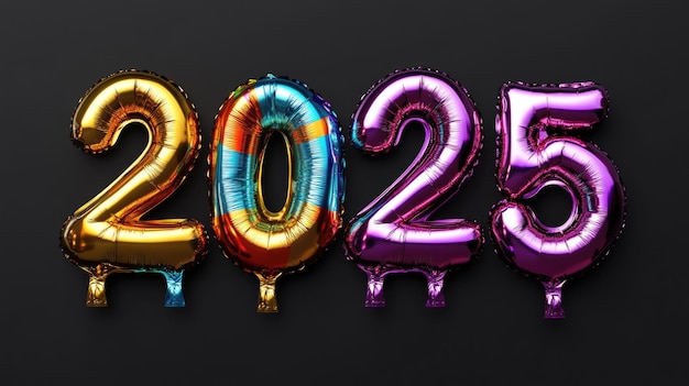 Colorful metallic foil balloons shaped in the form of the numbers 2025