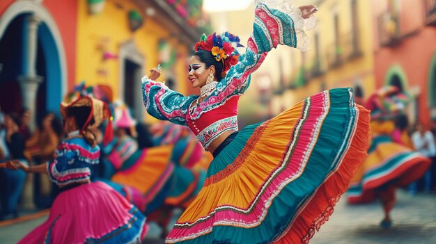 Photo colorful mexican dancers performing traditional folk dance