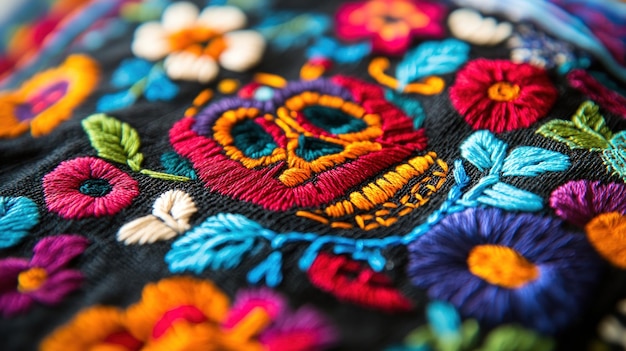 Photo colorful mexican embroidery with skull and flowers