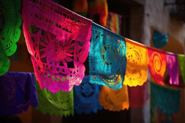 A colorful mexican flag hangs in a store.