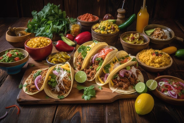 Colorful Mexican food on a yellow background View from above generative IA