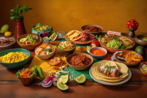 Colorful Mexican food on a yellow background View from above generative IA