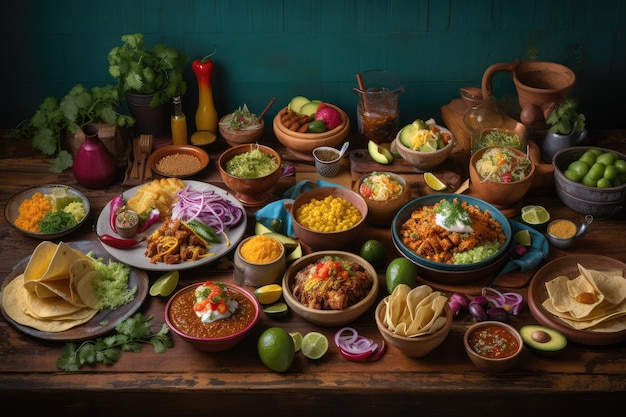 Colorful Mexican food on a yellow background View from above generative IA