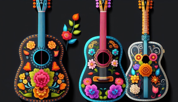 A colorful mexican guitar with a floral design on the front.