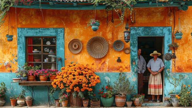 Colorful Mexican Home with Flowers and People