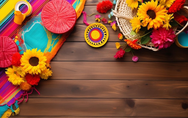 A colorful mexican style basket of flowers and a basket of flowers on a wooden table.