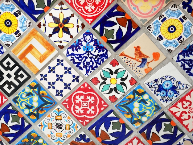 Colorful mexican talavera ceramic tiles wall decoration texture background.