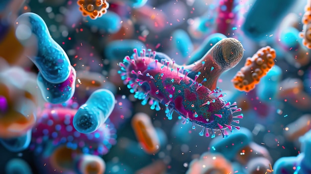 Colorful microscopic bacteria illustration showcasing various shapes and structures in vibrant hues and intricate details