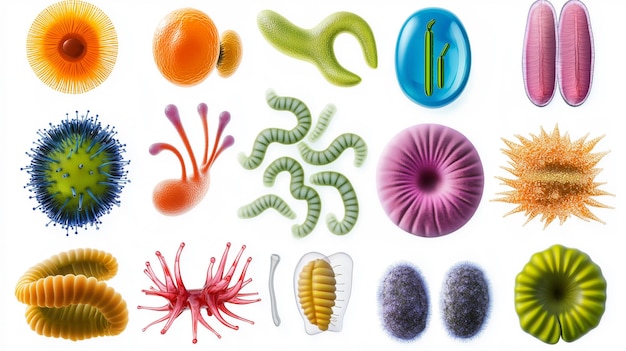 Photo colorful microscopic organisms including bacteria and viruses isolated on a white background depicti