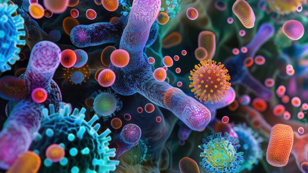 Colorful microscopic view of various bacteria and viruses showcasing intricate structures and vivid colors Ideal for science and medical visuals